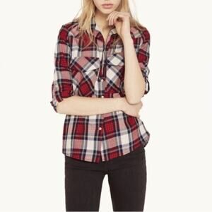 Zara Boyfriend Easy Plaid Shirt Red 7 BLue Long Sleeve Button-Down Top Size S